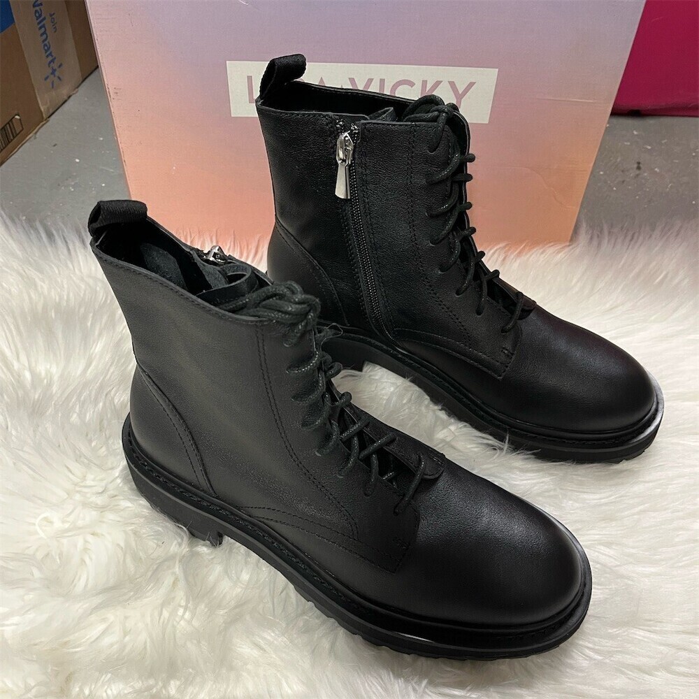 🆕 Lisa Vicky Women's Combat Ankle Boots Black Lace-Up Side Zip Lug Sole Size 8